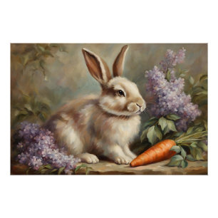 Póster Vintage Bunny com Flores Lilac e Cenoura