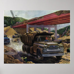 Póster Vintage Business Dump Truck em um local de constru