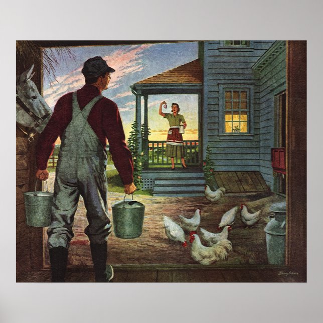 Poster Vintage Business, Fazenda com agricultores e galin (Frente)
