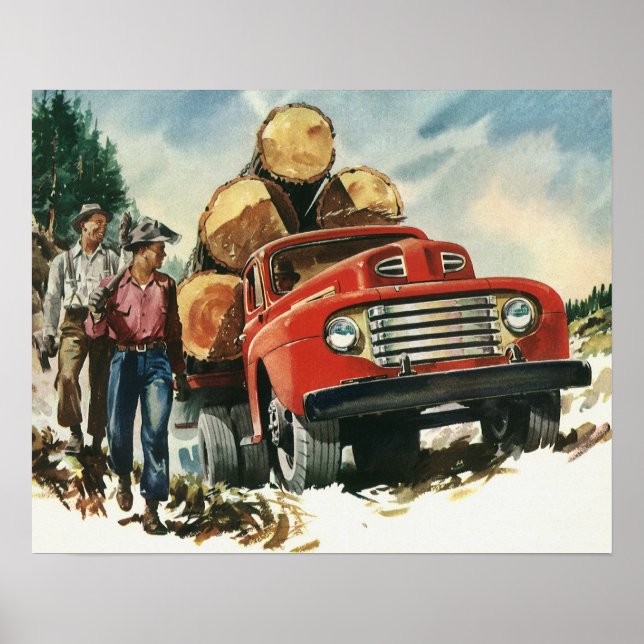 Poster Vintage Business, Logging Truck com Lumberjacks (Frente)