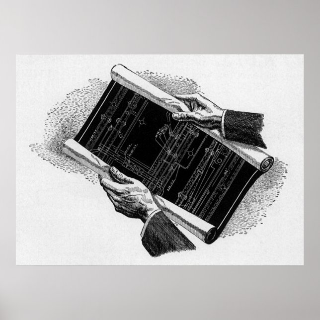 Póster Vintage Business, mãos com projetos de arquitetura (Frente)