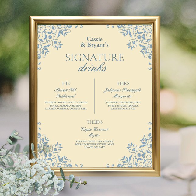 Poster Vintage Butter Yellow Wedding Signature Drinks (vintage butter yellow and blue wedding bar menu with signature drinks for the bride groom and them)