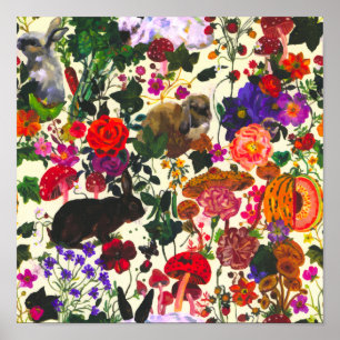 Poster Vintage Butterfly Rabbit Garden Floral