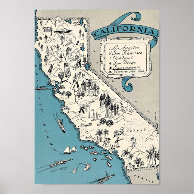 Póster Vintage California Map (Frente)
