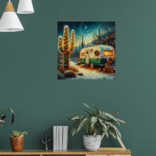 Poster Vintage Camper Christmas em Desert Saguaro Cactus