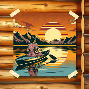 Poster Vintage Camping Scene Woman Kayaking