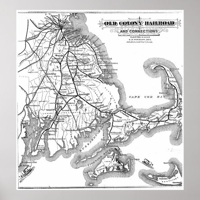 Póster Vintage Cape Cod Old Colony Railroad Map (1875) (Frente)