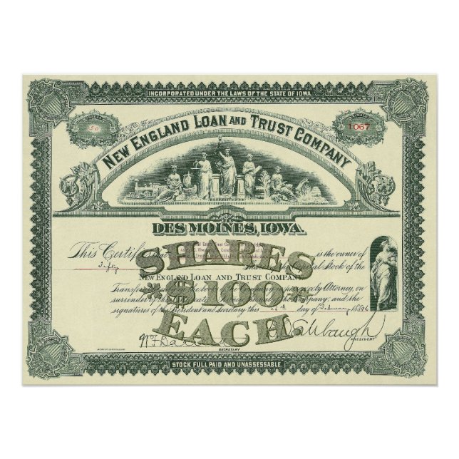 Póster Vintage Capital Stock Certificate Business Finance (Frente)