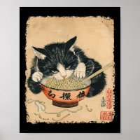 Vintage Cat Comendo Ramen Noodles Gothic Otaku Jap