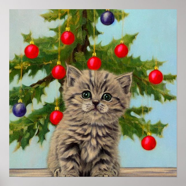 Poster Vintage Cat e Árvore de Natal (Frente)