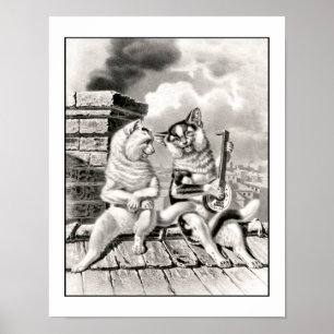 Poster Vintage Cat Músico Lute Guitar Música Animal