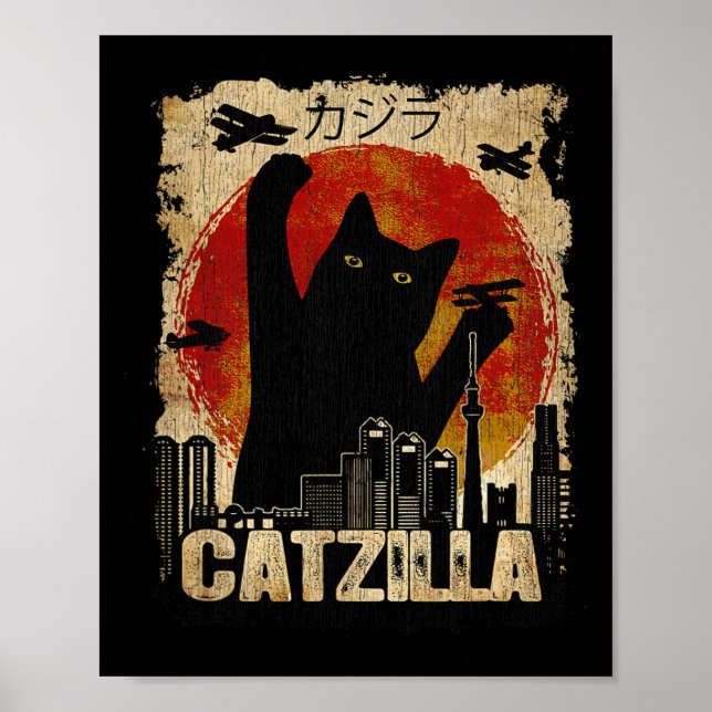Poster Vintage Catzilla Tee - Gato E Gato Engraçados (Frente)