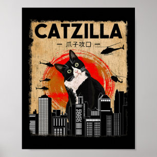 Poster Vintage Catzilla Tee - Gato Tuxedo Engraçado E Gat