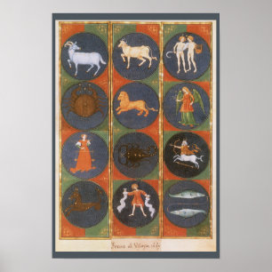 Póster Vintage Celestial, Astrologic Zodiac Chart, 1475