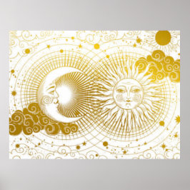 Poster Vintage Celestial Ouro Sun e Lua em Branco