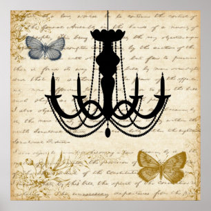Poster Vintage Chandelier com Borboletas