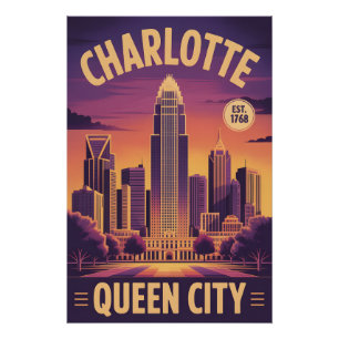 Póster Vintage Charlotte Carolina do Norte Rainha Cidade