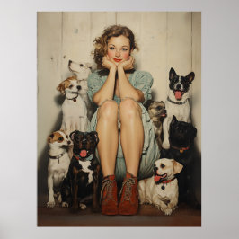 Poster Vintage Charm = Uma jovem mulher cercada por cães