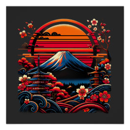 Póster Vintage, Cherry Blossom Sakura Monte Fuji