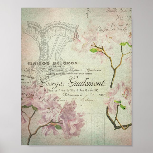 Poster Vintage Chic French Script Shabby Flowers Corset (Frente)