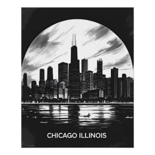 Póster Vintage Chicago Illinois City Skyline Retro Viagem