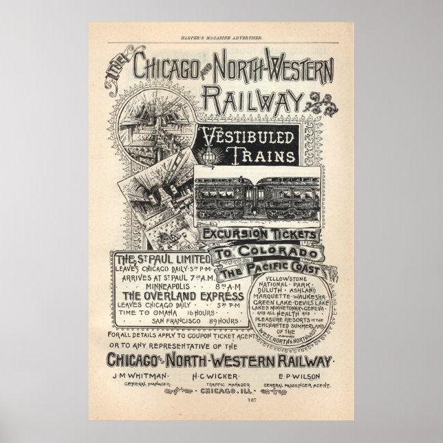 Póster Vintage Chicago North Western Rail Ad de 1888 (Frente)
