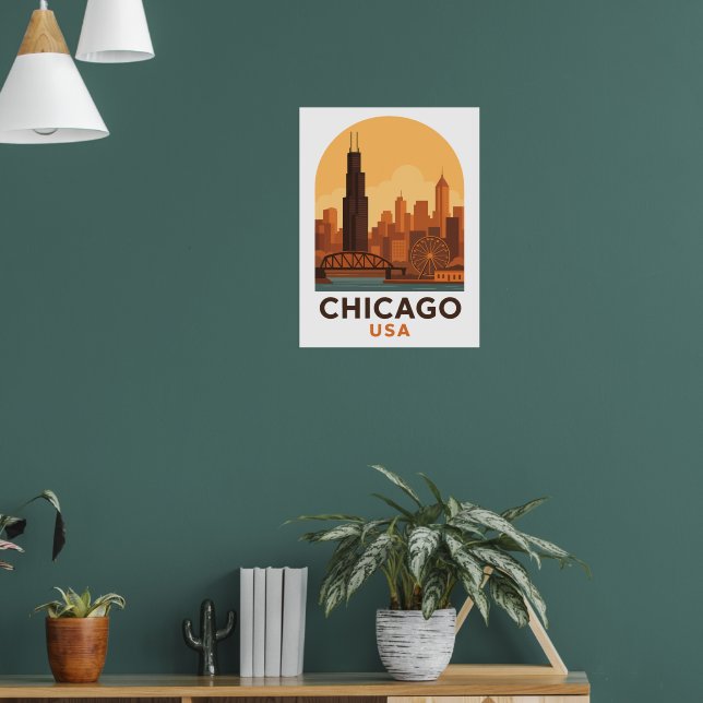 Poster Vintage Chicago USA Travel  Retro City Sky (Sala de Estar 1)