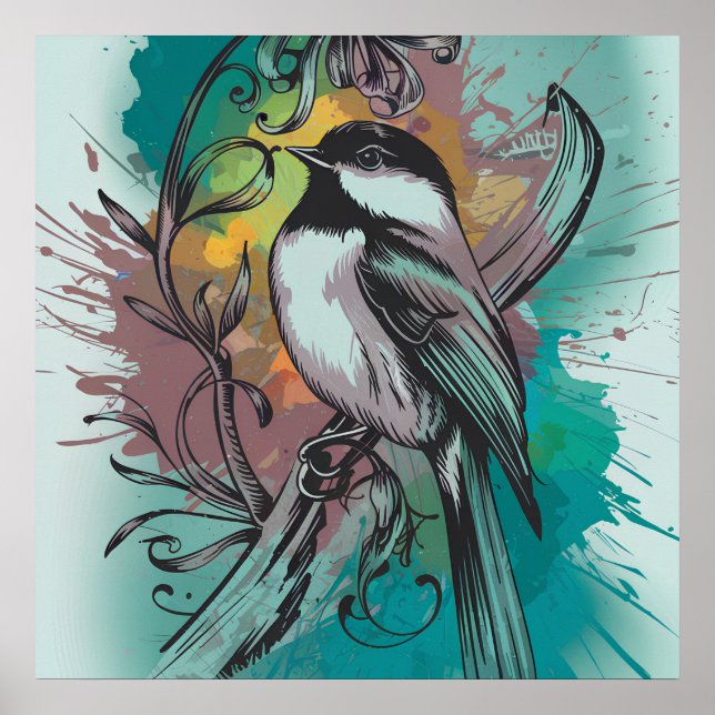 Poster Vintage Chickadee Serenade - Teal (Frente)