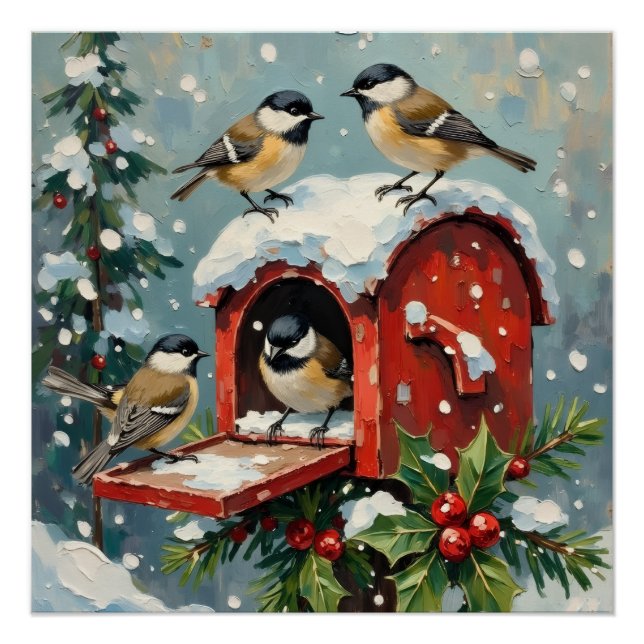Póster Vintage Chickadees on Snowy Christmas Mailbox (Frente)