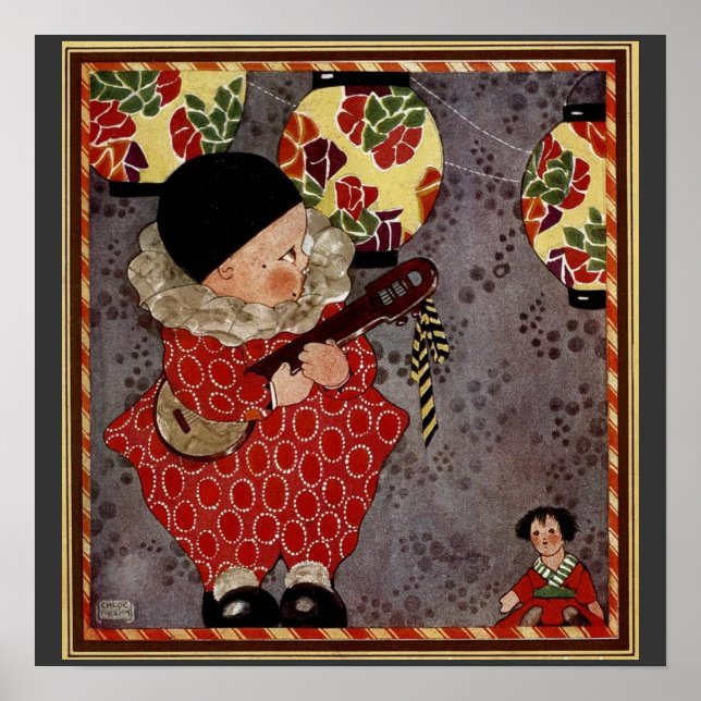 Poster Vintage Child Harlequin, Músico Jogando Banjo (Frente)