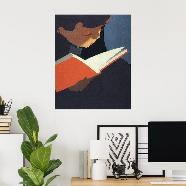 Poster Vintage Child Lendo um Livro da Biblioteca (Escritório em casa)