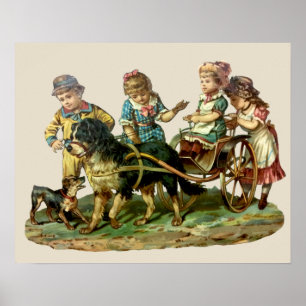 Póster Vintage Children and Dog Wagon