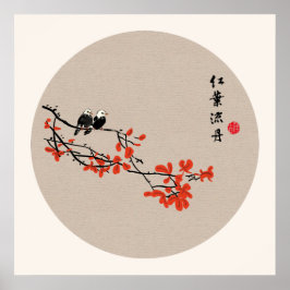 Poster Vintage Chinês Pintura Aves de Outono Folhas Verme