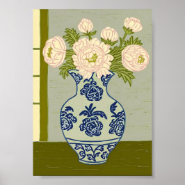 Poster Vintage Chinoiserie Peonies in Blue Willow 