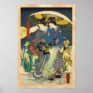 Póster Vintage clássico ukiyo-e dois geishas com guarda-