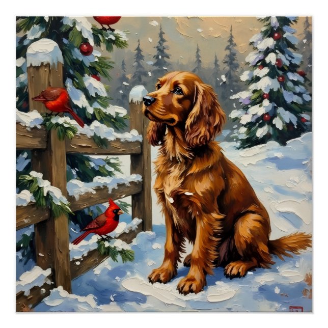 Póster Vintage Cocker Spaniel and Cardinals Christmas (Frente)