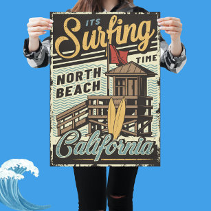 Poster VIntage colorido É o tempo de surfe na Califórnia