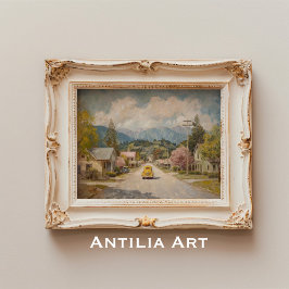 Poster Vintage Country Town Painting Rustic Yellow Car