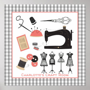 Poster Vintage Crafty Sewing Room Sinal Personalizado