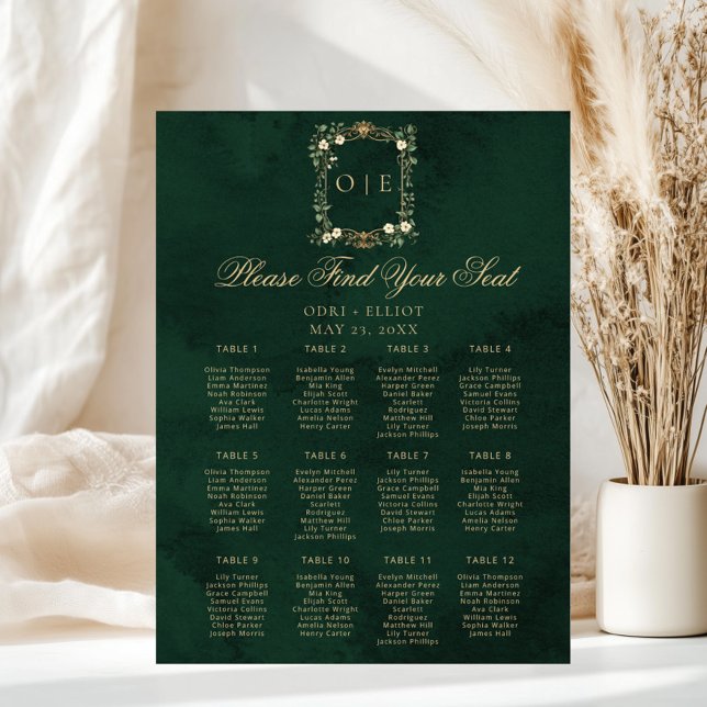 Poster Vintage Crest Monogram Green Gold Wedding Seating (Criador carregado)