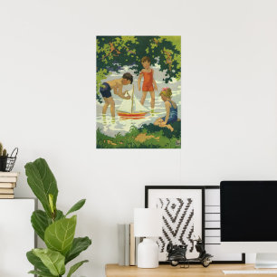 Póster Vintage Crianças Jogando Barcos À vela De Brinqu