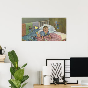 Poster Vintage Cute Baby Tocando em Crib, Child Nap Time