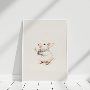 Poster Vintage Cute Piglet com uma Arte de Enfermeiro Flo