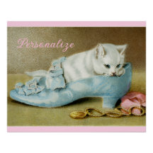 Vintage cute white kitten in a blue satin shoe