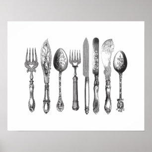 Poster Vintage Cutlery Black White Fork Spoon Faca 1800