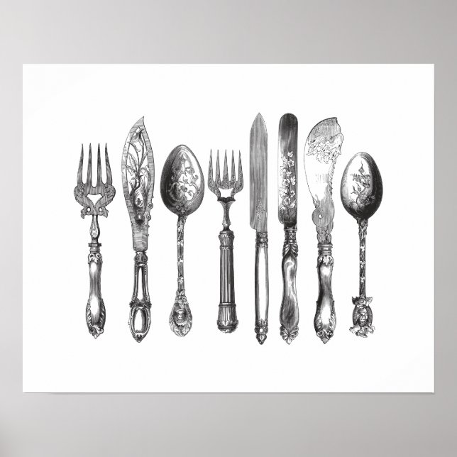 Poster Vintage Cutlery Black White Fork Spoon Faca 1800 (Frente)