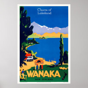 Poster vintage da Nova Zelândia de Wanaka 1930