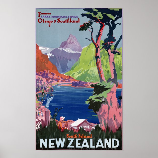Poster vintage da Nova Zelândia na Ilha do Sul Res (Frente)