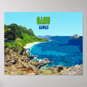 Poster Vintage da praia de Oahu Havaí