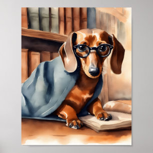 Poster Vintage Dachshund na Biblioteca Antiga